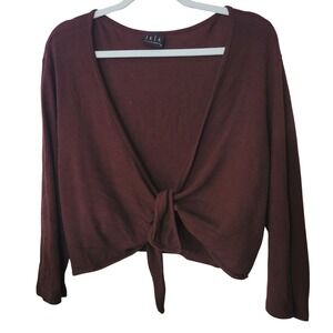 JKLA California Burgundy Tie Front Cropped Cardigan LongSleeve Knit Wine Vintage
